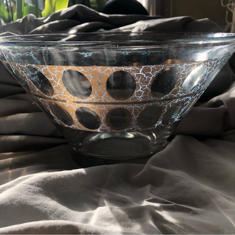 Glass Serving Bowl with 22k Gold and green Dot Design